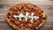 Buffalo Chicken Football Pizza with Garlic Blue Cheese Cream Sauce Buffalo Chicken Football Pizza with Garlic Blue Cheese Cream Sauce