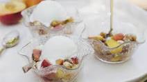 Vanilla ice cream cups & peach, nuts & white chocolate toppings by Trois Fois par Jour Vanilla ice cream cups & peach, nuts & white chocolate toppings by Trois Fois par Jour