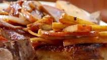 Mashed Sweet Potatoes, Pork Chop with Cider Gravy, Sauteed Apples and Onions Mashed Sweet Potatoes, Pork Chop with Cider Gravy, Sauteed Apples and Onions