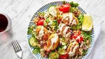 Shawarma-Spiced Turkey Kofta with Farro-Arugula Salad & Tahini Dressing Shawarma-Spiced Turkey Kofta with Farro-Arugula Salad & Tahini Dressing