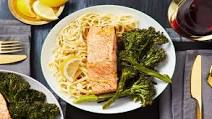 Lemon Garlic Salmon Fillets with Creamy Linguine and Baby Broccoli Lemon Garlic Salmon Fillets with Creamy Linguine and Baby Broccoli