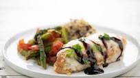 Balsamic-Basil Mozzarella Chicken with farro and bruschetta asparagus Balsamic-Basil Mozzarella Chicken with farro and bruschetta asparagus