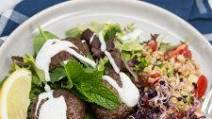 Mediterranean Farro Salad with Spiced Beef Patties Mediterranean Farro Salad with Spiced Beef Patties