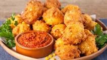 Crispy Corn Fritters with Roasted Red Pepper Pesto Crispy Corn Fritters with Roasted Red Pepper Pesto