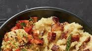 Bruschetta Chicken with a Crispy Mozzarella Crust, Bacon Mashed Potatoes & Asparagus Bruschetta Chicken with a Crispy Mozzarella Crust, Bacon Mashed Potatoes & Asparagus