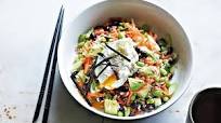 Adzuki bean, brown rice and edamame sushi salad with poached egg Adzuki bean, brown rice and edamame sushi salad with poached egg