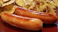 Knackwurst, Roasted Rosemary Garlic Potato Slices, and Braised Bacon Caraway Cabbage Knackwurst, Roasted Rosemary Garlic Potato Slices, and Braised Bacon Caraway Cabbage