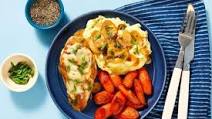 Cheesy Smothered Mushroom Chicken with Mashed Potatoes and Roasted Carrots Cheesy Smothered Mushroom Chicken with Mashed Potatoes and Roasted Carrots
