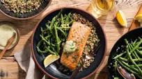Salmon with Dijon sauce, blistered green beans, and quinoa Salmon with Dijon sauce, blistered green beans, and quinoa