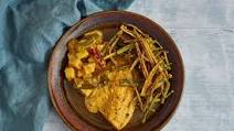Kerala-style sea bream and potato traybake with tangy okra 'chips' Kerala-style sea bream and potato traybake with tangy okra 'chips'