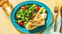 Pulled Pork Chimichangas with Beans, Avocado Salsa, Salad and Sour Cream Pulled Pork Chimichangas with Beans, Avocado Salsa, Salad and Sour Cream