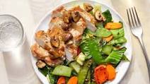 Asian-Style Pork & Mushroom Pan Sauce with Snow Peas, Carrots & Bok Choy Asian-Style Pork & Mushroom Pan Sauce with Snow Peas, Carrots & Bok Choy