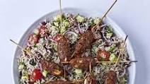 Spicy lamb & feta skewers with Greek brown rice salad Spicy lamb & feta skewers with Greek brown rice salad