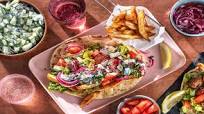 Pork Kofta Gyros with Naan Bread, Homemade Tzatziki and Tomato Salad Pork Kofta Gyros with Naan Bread, Homemade Tzatziki and Tomato Salad