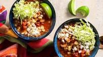 Pinto bean and hominy pozole rojo with queso fresco Pinto bean and hominy pozole rojo with queso fresco