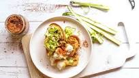 Garlic focaccia with asparagus, chilli hummus and poached eggs Garlic focaccia with asparagus, chilli hummus and poached eggs