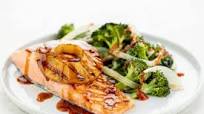 Teriyaki Grilled Salmon with Roasted Garlic Broccoli and Snow Peas easy prep & grill bag included Teriyaki Grilled Salmon with Roasted Garlic Broccoli and Snow Peas easy prep & grill bag included