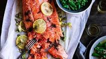 Slow-cooked ocean trout with peas, and Meyer lemon and fennel salsa Slow-cooked ocean trout with peas, and Meyer lemon and fennel salsa