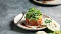 Salmon tartare with wasabi, avocado and tempura leaves Salmon tartare with wasabi, avocado and tempura leaves