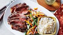 Miso steaks with warm mirin slaw and sushi rice Miso steaks with warm mirin slaw and sushi rice