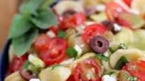 Greek Pasta Salad with Feta, Tomato, Kalamata Olives and Sweet Basil Vinaigrette Greek Pasta Salad with Feta, Tomato, Kalamata Olives and Sweet Basil Vinaigrette
