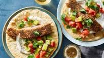 Greek Salmon Gyros with Chopped Salad, Pita & Garlic Sauce Greek Salmon Gyros with Chopped Salad, Pita & Garlic Sauce