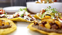 Shrimp, Chorizo, Potato Tostadas with Refried Beans recipe Shrimp, Chorizo, Potato Tostadas with Refried Beans recipe