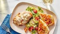 Cheesy Chicken & Pesto Spaghetti Squash with Bread & Red Pepper Butter Cheesy Chicken & Pesto Spaghetti Squash with Bread & Red Pepper Butter