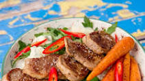 Pan-Fried Pork Neck With Rice and Glazed Veggies Pan-Fried Pork Neck With Rice and Glazed Veggies