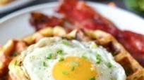 Cheddar Chive Waffles and Eggs with Strawberry Candied Bacon Cheddar Chive Waffles and Eggs with Strawberry Candied Bacon