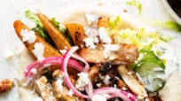 Lemony Greek Chicken Pitas with Oven Roasted Fries & Tzatziki-ish Herbed Yogurt Drizzle Lemony Greek Chicken Pitas with Oven Roasted Fries & Tzatziki-ish Herbed Yogurt Drizzle