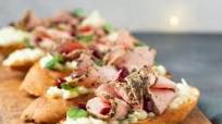 Bruschetta with veal eye of round, parsnip cream & a red fruit coulis Bruschetta with veal eye of round, parsnip cream & a red fruit coulis
