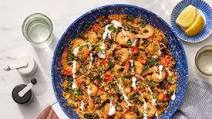 Romesco Shrimp & Couscous Skillet with Spinach & Tomatoes Romesco Shrimp & Couscous Skillet with Spinach & Tomatoes