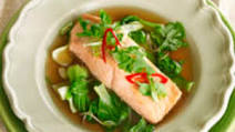 Ginger broth with salmon and pak choy Ginger broth with salmon and pak choy