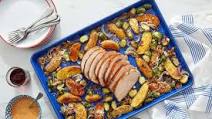 Sheet Pan Romesco Pork Roast with Brussels Sprouts & Fingerling Potatoes Sheet Pan Romesco Pork Roast with Brussels Sprouts & Fingerling Potatoes
