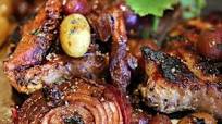 Seared Pork Chops with Caramelized Grapes, Dried Fruit and Pistachios Seared Pork Chops with Caramelized Grapes, Dried Fruit and Pistachios