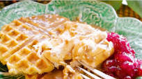 Holiday Leftovers: Cornbread Stuffing Waffles Topped with Turkey, Gravy, & A Side of Cranberry Jezebel Sauce Holiday Leftovers: Cornbread Stuffing Waffles Topped with Turkey, Gravy, & A Side of Cranberry Jezebel Sauce