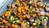Sweet Potato, Brussels sprouts and Chicken Sausage Sheet Pan meal Sweet Potato, Brussels sprouts and Chicken Sausage Sheet Pan meal