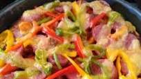 Pepperoncini,bell pepper,easy peel sausage in boboli pizza crust Pepperoncini,bell pepper,easy peel sausage in boboli pizza crust