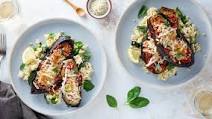 Eggplant Parmesan with Garlicky Tomato Sauce & Lemon Basil Couscous Eggplant Parmesan with Garlicky Tomato Sauce & Lemon Basil Couscous