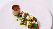 Tomato and mozzarella salad with lovage pesto and spiced gazpacho Tomato and mozzarella salad with lovage pesto and spiced gazpacho
