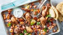 Roast Chicken Tikka Drumsticks with Sweet Potatoes & Crispy Pita Roast Chicken Tikka Drumsticks with Sweet Potatoes & Crispy Pita
