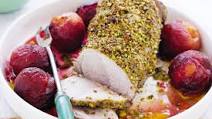 Pistachio-crusted pork with roasted plums Pistachio-crusted pork with roasted plums