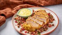 Curried pork chops with spiced chickpea salad and mint yoghurt Curried pork chops with spiced chickpea salad and mint yoghurt
