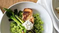 Tzatziki Marinated Salmon with Edamame Mint Mash and Charred Scallions Tzatziki Marinated Salmon with Edamame Mint Mash and Charred Scallions