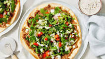Middle Eastern Pork Pizzas with Tomato, Rocket and Yoghurt Middle Eastern Pork Pizzas with Tomato, Rocket and Yoghurt