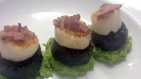 Black Pudding with Scallops, Pea Purée and Crispy Bacon Black Pudding with Scallops, Pea Purée and Crispy Bacon