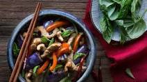 Pork and eggplant stir fry with green beans and basil Pork and eggplant stir fry with green beans and basil