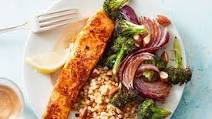 Harissa Salmon & Broccoli with Almonds & Israeli Couscous Harissa Salmon & Broccoli with Almonds & Israeli Couscous