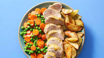 Honey-Mustard Pork Tenderloin with Roasted Potatoes, Buttery Peas & Carrots Honey-Mustard Pork Tenderloin with Roasted Potatoes, Buttery Peas & Carrots